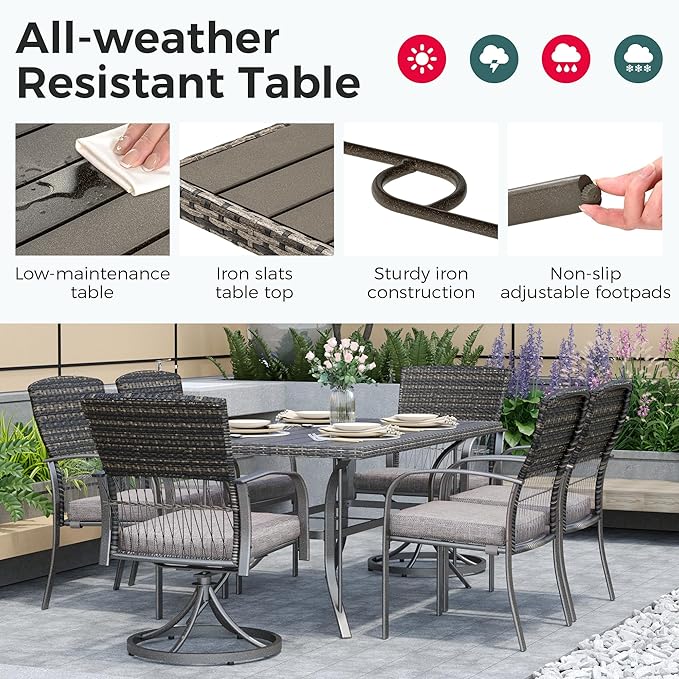 Pamapic 7-Piece Patio Dining Set for 6, Wicker Outdoor Furniture Set with 2 Swivel Rockers and 4 Chairs, Water-Resistant Cushions, Iron Table for Garden, Deck, Poolside