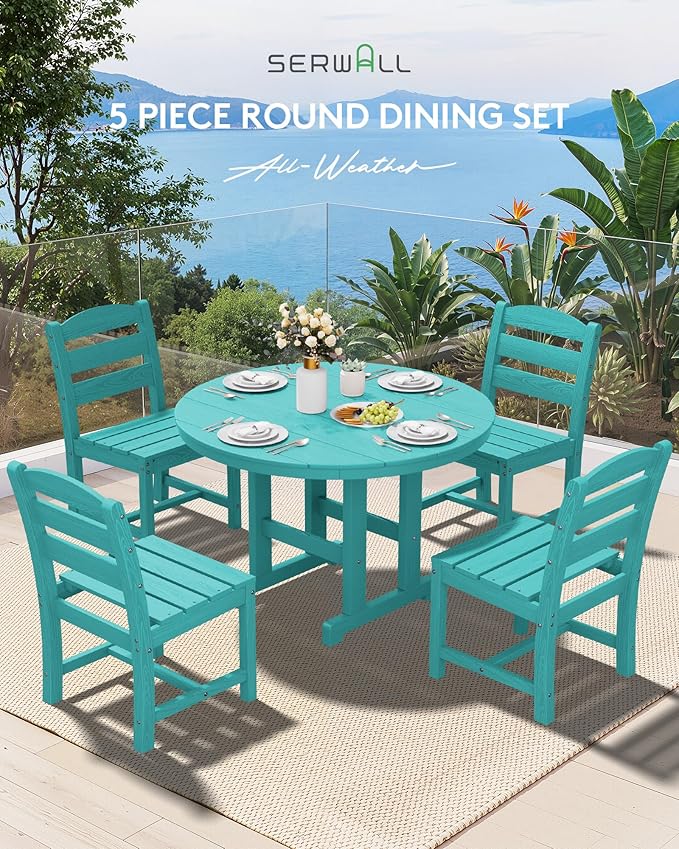 SERWALL 5-Piece Patio Dining Sets, HDPE Outdoor Table and Chairs Furniture Set, 45" Round Dining Table and 4 Armless Dining Chairs, Aruba