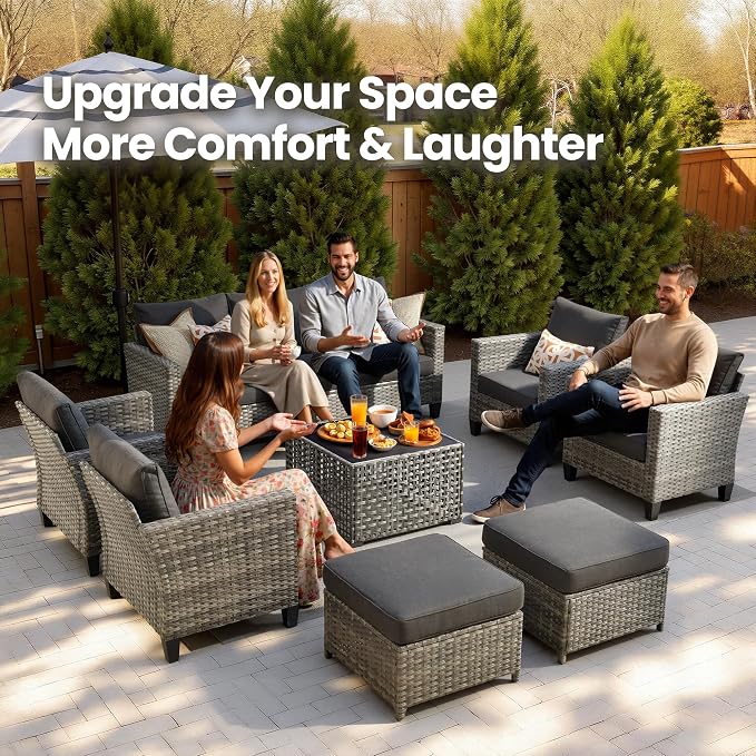8 Piece Wicker Patio Furniture Set with Solar Table, Black | Outdoor Deep Seating Sofa Chair Ottoman, Solar Lights Table, All Weather Rattan, Modern Conversation Set, Porch Deck Backyard