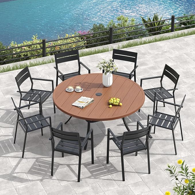 VICLLAX 60" Round Patio Table, Outdoor Dining Table for 8-10 with Umbrella Hole for Garden Lawn Deck Backyard, Walnut