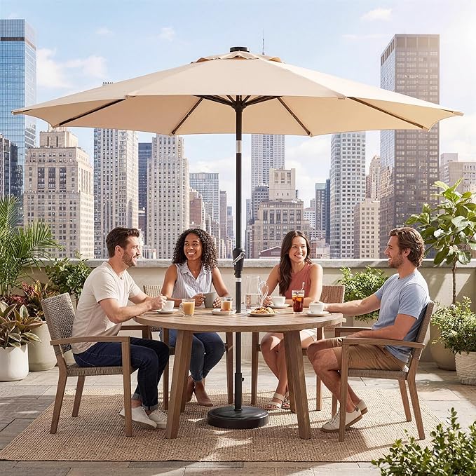 Garvee 10FT Patio Umbrella with 32 Solar LED Lights, Outdoor Table Market Umbrella with Tilt and Crank, 8 Sturdy Iron Ribs Sun Shade for Garden, Deck, Backyard and Pool, Beige