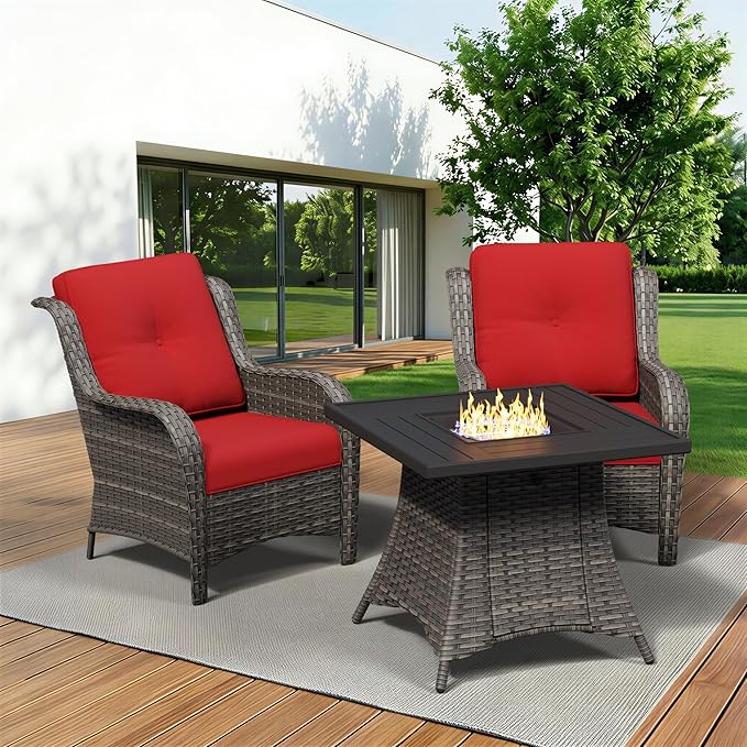 3 Pieces Outdoor Wicker Patio Furniture Set with Fire Pit Table, Patio Chair Set with Thickened Olefin Cushions, High Back and Deep Seating, Hand-Woven PE Rattan for Porch, Deck