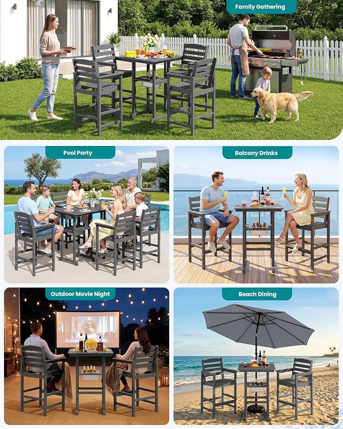 SERWALL Adirondack Bar Chairs and Table 3 Pieces Set with Umbrella, HDPE Bar Height Chairs Set of 2 and Bar Table with Ice Bucket, Outdoor Bar Stools Set for Balcony, Poolside, Backyard, Grey