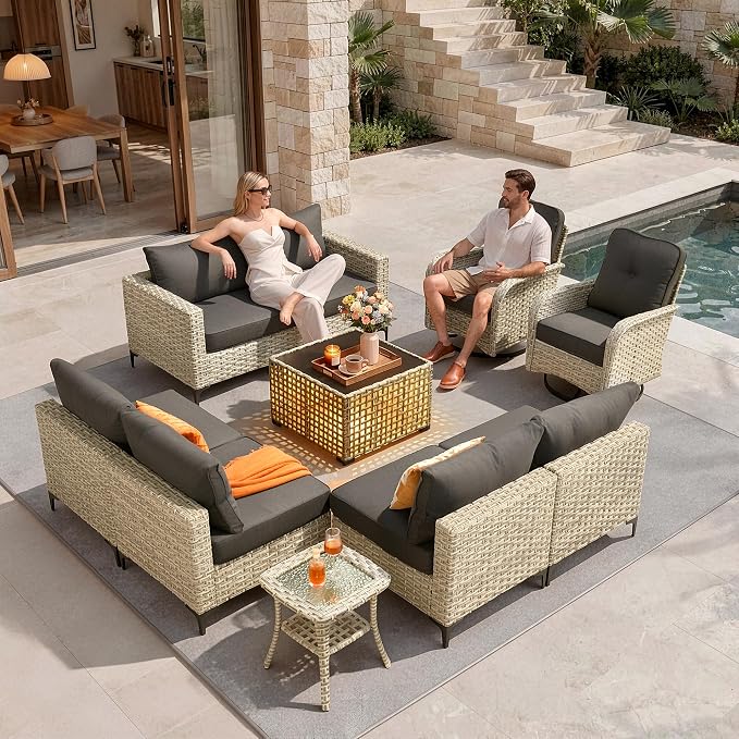 10 Pieces Patio Furniture Set, Outdoor Conversation Set with 360° Swivel Rocker Chairs, Wicker Modular Sectional Sofa & Solar Coffee Table, High Back Outdoor Furniture L Shaped Couch for Porch, Black