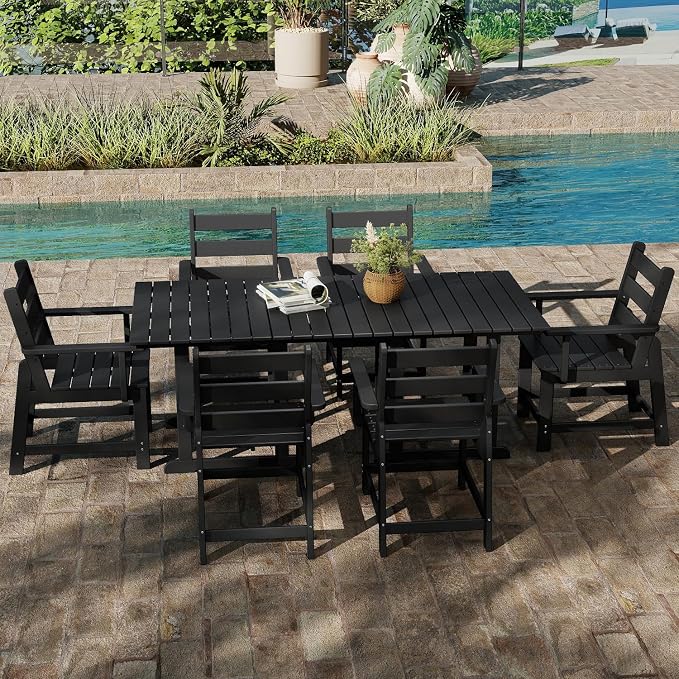 GREENVINES 7-Piece-Outdoor-Table-and-Chairs | HDPE | Patio Furniture | Dining Sets for 6 | Removable Armrests | All Weather | Connectable Tables | for Backyard Poolside Garden | Black