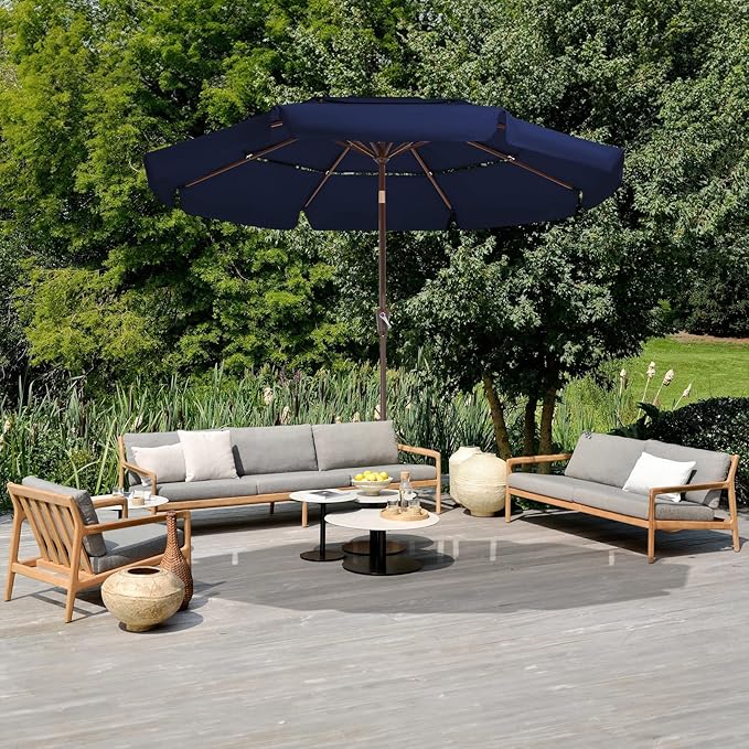 JEAREY 3 Tiers 9 FT Patio Umbrellas Outdoor Table Umbrella with Push Button Market Umbrella 8 Sturdy Ribs UV Protection Waterproof for Garden,Navy