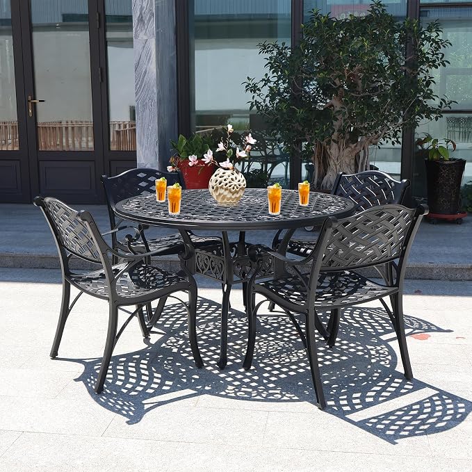 Patio Dinning Set Weather Resistant Cast Aluminum Patio Furniture Set with Umbrella Hole, Bistro Dining Set for Garden (48" x 48" Table B and 4 Chairs Black, 5 Pieces)