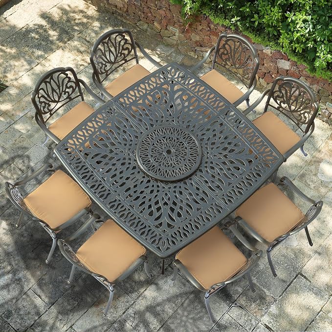 VIVIJASON Outdoor 64" Patio Dining Table for 8 Person, Large Square Dining Table with 24" Lazy Susan, Dark Bronze Cast Aluminum Rustic Patio Table W/Umbrella Hole for Balcony, Porch and Deck