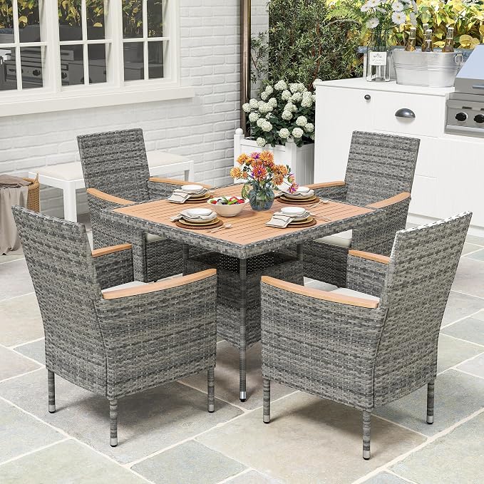 RoyalCraft 5-Piece Patio Wicker Dining Set for 4, Water-Resistant Rattan Outdoor Table with Wood Top and 4 Chairs, Conversation Set for Deck, Garden, Backyard, Removable Cushions, Grey