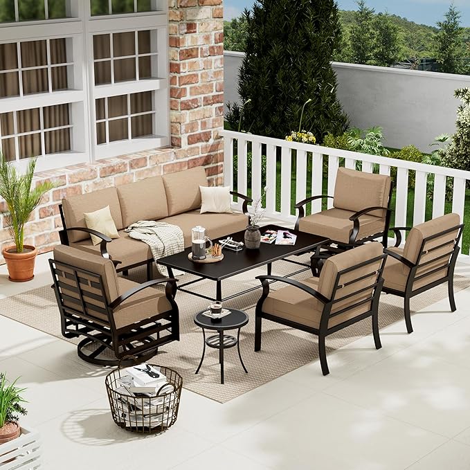 Aluminum Patio Furniture Set with Coffee Table,7 Seats Metal Modern Outdoor Furniture w/5.1" Thick Cushions, Sectional w/Swivel Chairs for Backyard,Sand