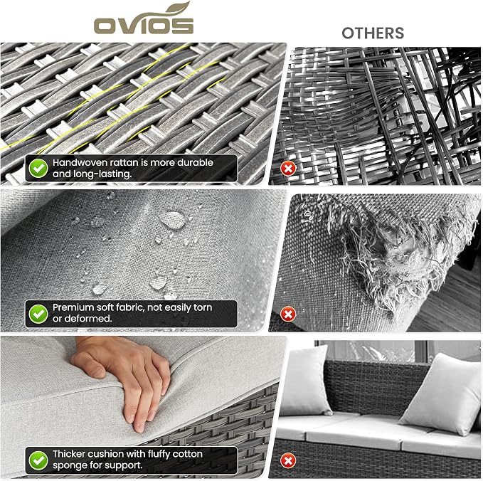 ovios 9 Pieces Patio Furniture Set with 30 inch Fire Pit Table, Outdoor Wicker Sofa Couch Swivel Rocking Glider Chairs, Modern Luxury Conversation Set, Grey Wicker, Grey