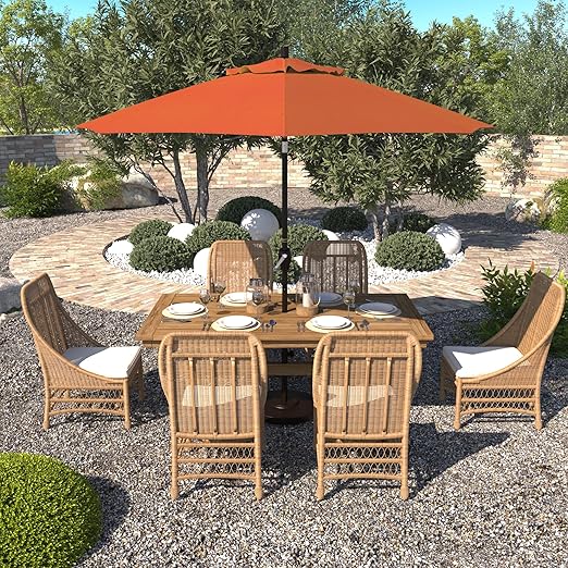 California Umbrella 9' Round Aluminum Patio Umbrella, Crank Lift, Push Button Tilt, Bronze Pole, 4-year Non-fading fabric, Tuscan