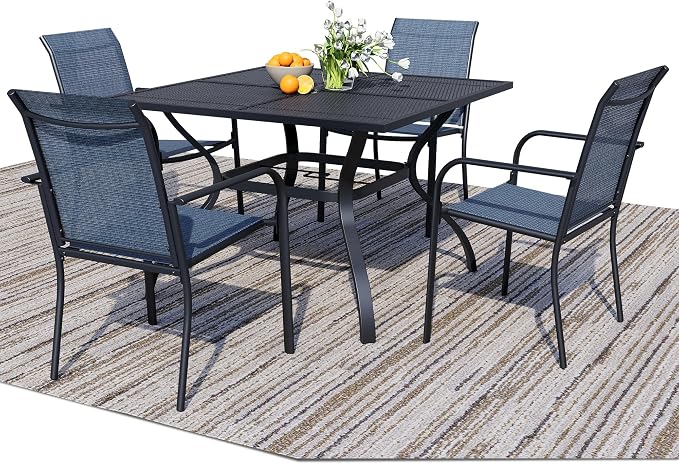 5 Piece Outdoor Dining Set, Patio Table and Chairs Set of 4, 37.5" Black Square Patio Table with 4 Blue Stackable Patio Chairs for Lawn, Garden, Porch