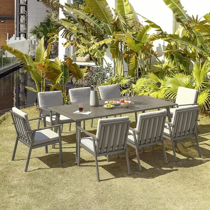 9 Pieces Outdoor Dining Set, Never-Rust Aluminum Patio Furniture Set with Umbrella Hole, All-Weather Outdoor Patio Dining Set for 8, Patio Table and Chair Set for Decks, Pool, Lawn, Limed Oak