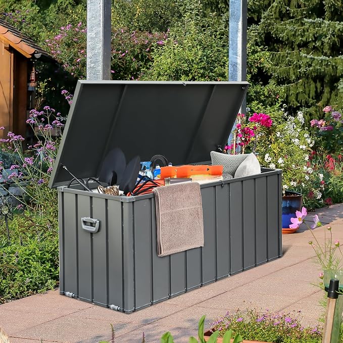 Domi Deck Box 150 Gallon Outdoor Storage Box, Large Metal Storage Cabinet Waterproof Lockable Container for Patio Furniture Cushions Garden Tools Pool-Supplies, Dark Grey