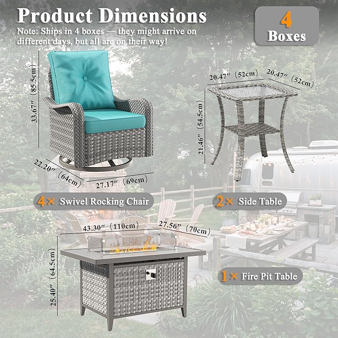 7 Piece Wicker Patio Furniture Set with 55,000 BTU Fire Pit Table, Swivel Rocking Chairs, 4''Cushions, PE Rattan, Wind Guard Glass, for Backyard, Deck or Balcony, Blue