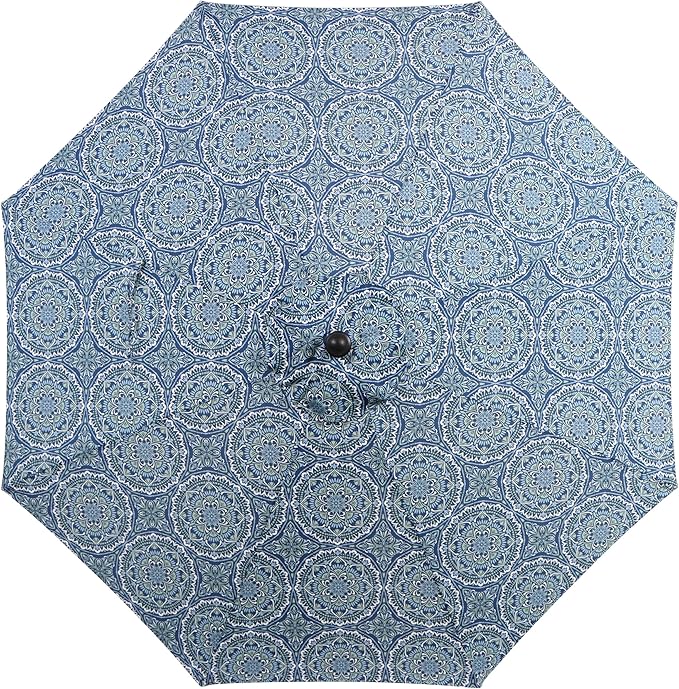 9ft Round Blue and Green Medallion Patio Umbrella, Crank Lift with 3-Position Tilt, Polyester Canopy and Steel Frame for Outdoor Use