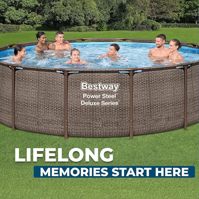 Bestway Power Steel 14’ x 42” Above Ground Pool, Round Metal Frame Outdoor Swimming Pool Set with Filter Pump, Ladder, and Cover, Brown