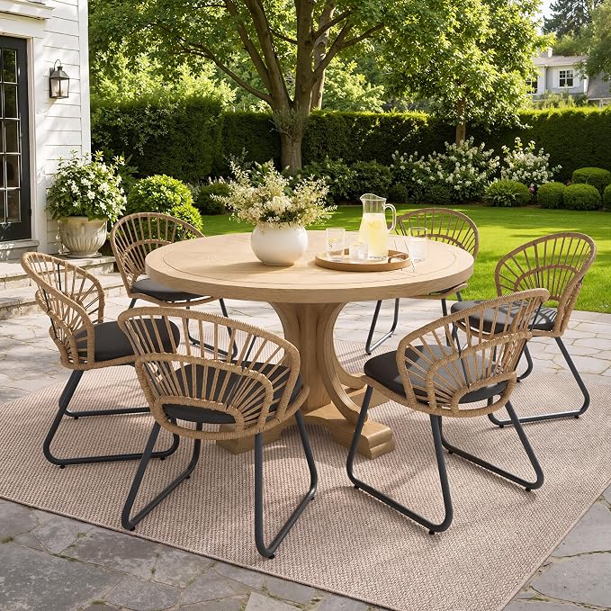 Rattan Patio Dining Chairs Set of 2, Hand-Woven Wicker Outdoor Chair | Shell Shaped Back with 2.6” Black Cushion, Sled Metal Frame Patio Side Chairs for Garden Backyard Porch