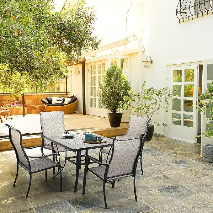 HAPPATIO Patio Dining Table, 4 Person Black Square Patio Backyard Furniture Table,Metal Steel Slat Dining Table with Umbrella Hole Dia 2"(35" x 35" x 28.5")