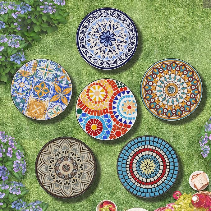 Outdoor Metal Side Table with Ceramic Tile Top Mosaic Patio Side Table and Plant Stand Tables, Round Side Table Iron End Tables for Yard Porch Balcony Garden, Daisy Black