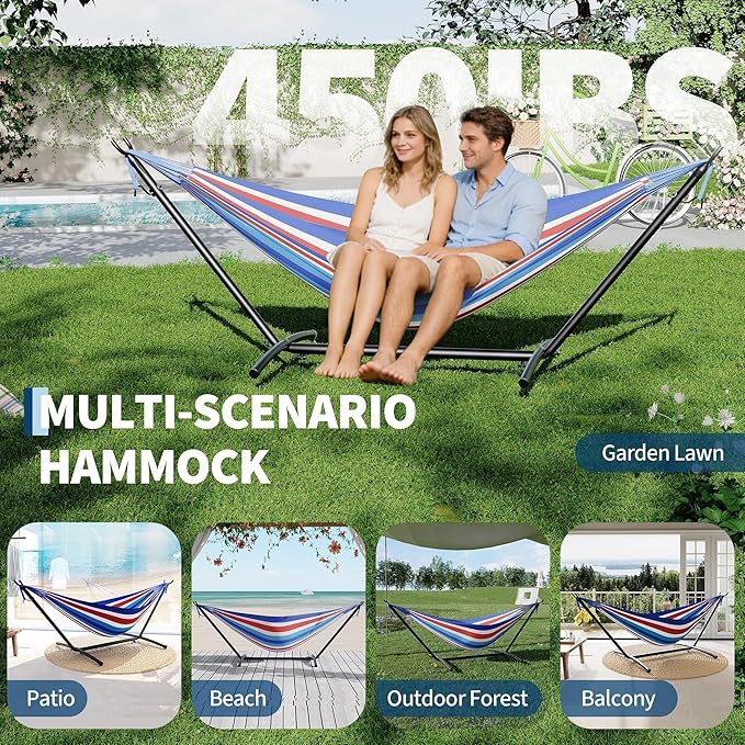 Double Hammock with Stand for Outside, 2 Person Heavy Duty Hammocks for Indoor Outdoor Patio with Carrying Bag, 450 Lbs Capacity, Space Saving Heavy-Duty Steel Stand