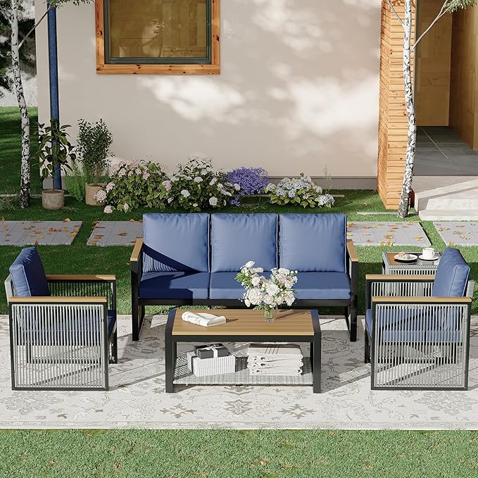 HOMREST Metal Outdoor Patio Furniture Set, 5-Piece Outdoor Sectional Patio Conversation Set with 3-Seat Sofa,Coffee Table,Upgard Cusion for Deck, Lawn,Poolside(Blue)
