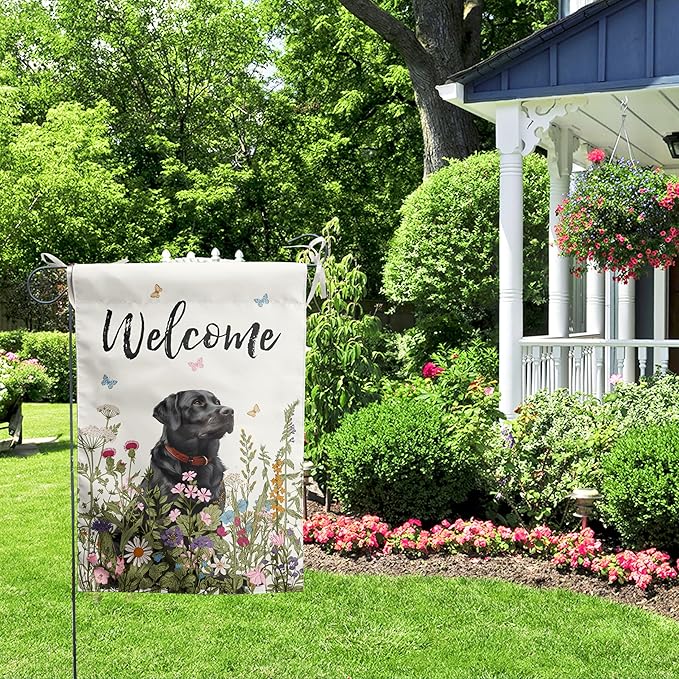 Floral Black Lab Garden Flag Spring Summer House Flags 28x40 Double Sided Flower Labrador Dog Yard Flags for Outside Lawn Large Outdoor Welcome Flags