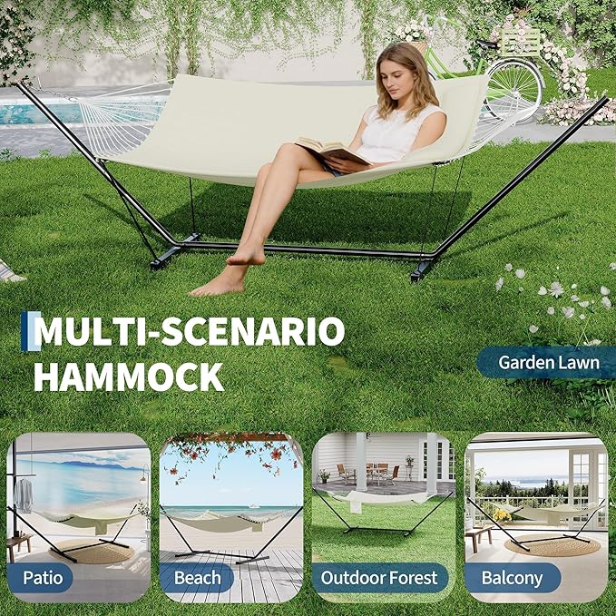 GarveeLife 2 Person Double Hammock with Stand and Pillow - 450 Lbs Capacity Heavy Duty Hammock with Balance Rope, Large Outdoor Hammock for Patio Backyard Poolside