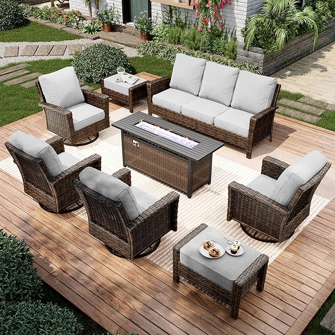 8-Piece Wicker Patio Furniture Set with 57'' Fire Pit Table, High Back Outdoor Furniture with Swivel Chairs and Ottoman, All-Weather Wicker Patio Conversation Set for Deck Yard Pool, Grey