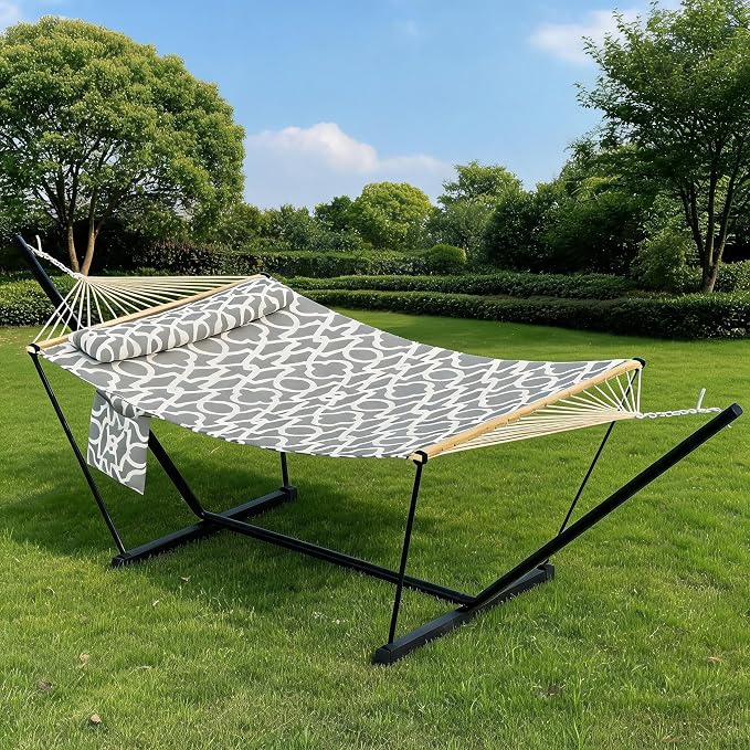 2-Person Hammock with Stand for Outside - Portable Heavy Duty Outdoor Double Hammock - Adjustable Steel Frame, 500 LBS Capacity, for Patio Garden Backyard & Beach