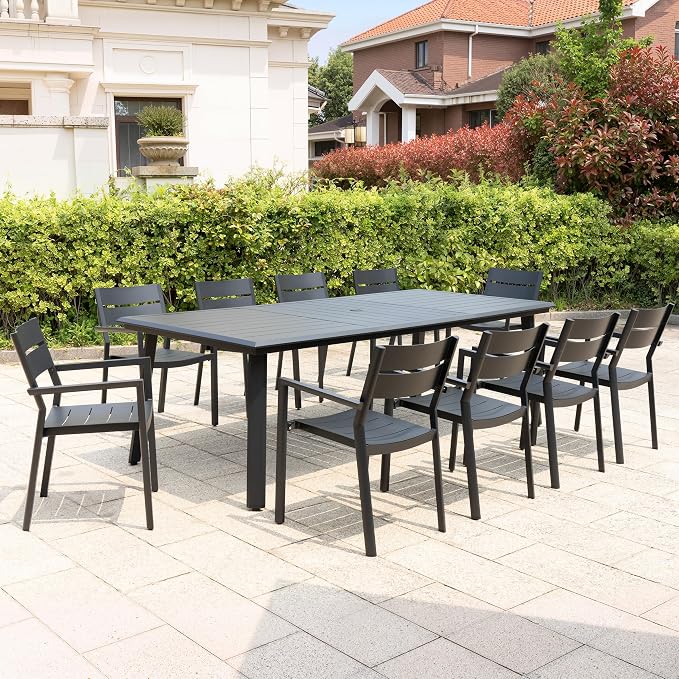 11-Piece Outdoor Dining Set with 10 Stackable Armchairs | 94" Aluminum Rectangular Patio Table Rust-Proof Umbrella Hole for Large Family Gatherings, BBQs, Parties, Black
