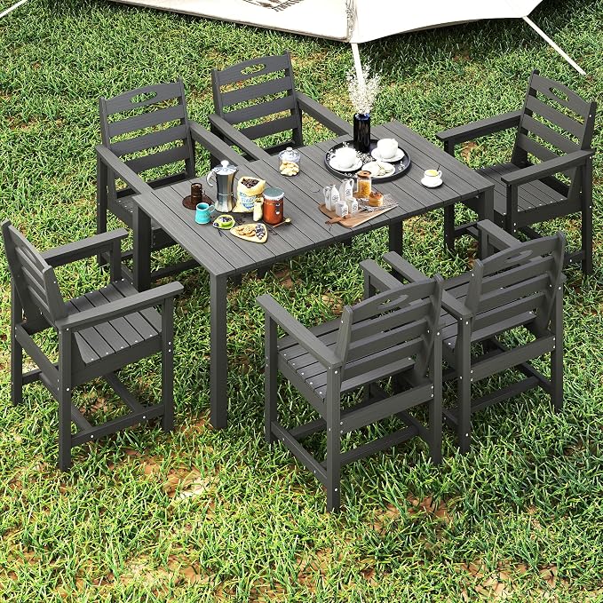 Domi HDPE Outdoor Dining Set, All-Weather 7 Piece Outdoor Dining Table Set with 2" Umbrella Hole, Outdoor Patio Dining Set for Garden, Poolside, Backyard, Deck, Grey