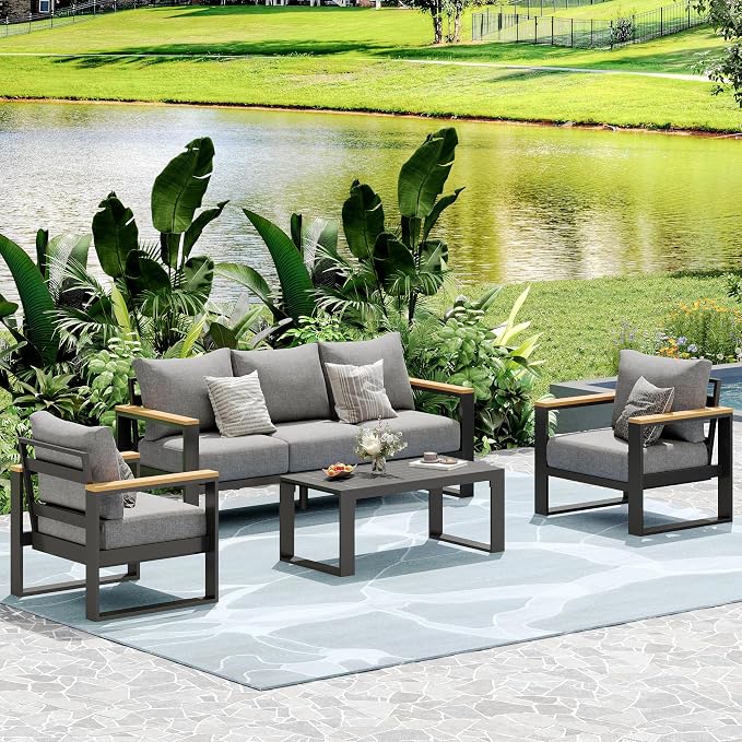 Aluminum Patio Furniture Set, 4 Piece Metal Outdoor Furniture Set with 6″ Thick Washable Cushions & Coffee Table, All Weather Patio Conversation Sets for Yard, Poolside, Garden (Grey)