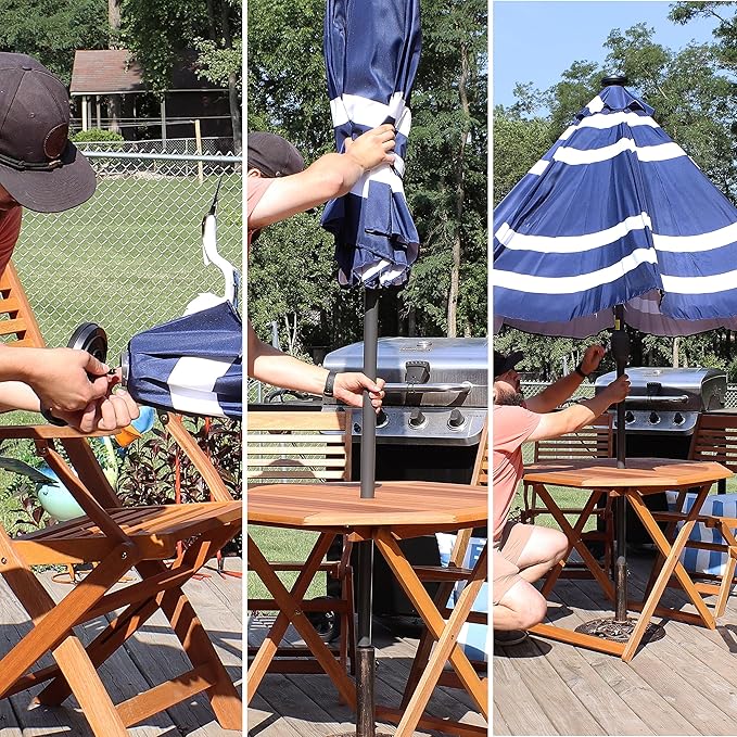 Sunnydaze 9 ft Striped Patio Umbrella with Solar Lights - Polyester LED Table Market Umbrella with Tilt and Crank - Navy Blue Stripe