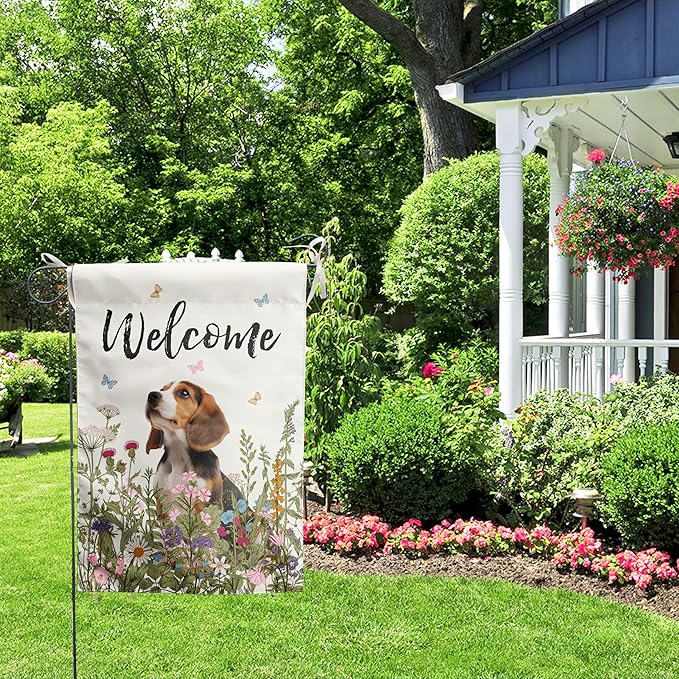 Floral Beagle Garden Flag Spring Summer House Flags 28 x 40 Double Sided Flower Dog Yard Flags for Outside Large Outdoor Welcome Flags