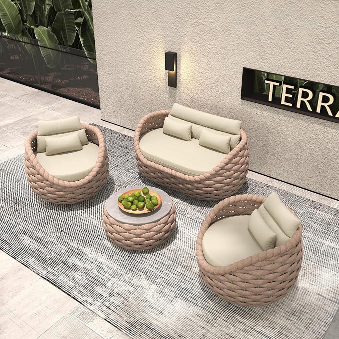 Outdoor 4 PCS Patio Conversation Set, All-Weather Wicker Patio Couch Sofa with Waterproof Thick Cushion Coffee Table for Porch, Balcony Mocha | All-Weather Wicker