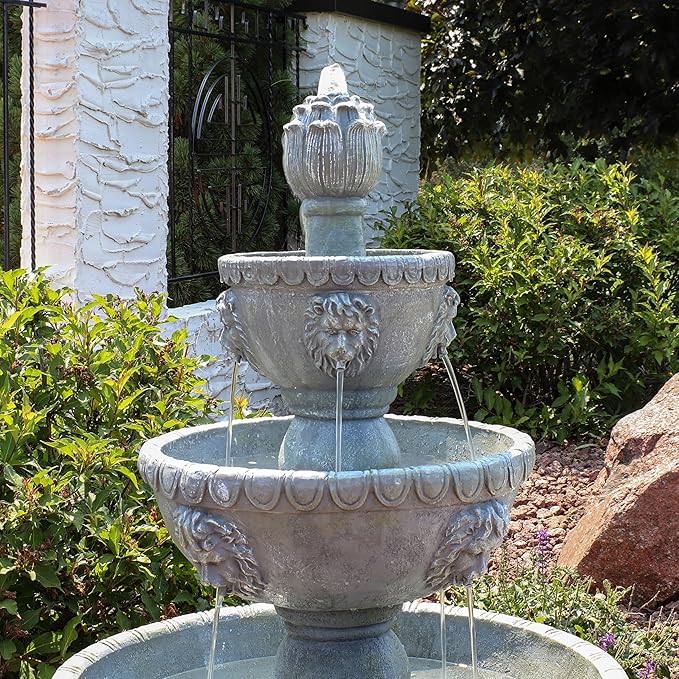 Sunnydaze Lion Head 53-Inch 3-Tier Outdoor Water Fountain with Electric Submersible Pump for Patio, Yard, or Deck