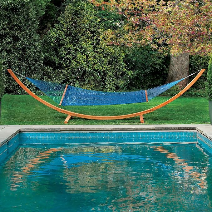 Hatteras Hammocks Large Coastal Blue DuraCord Rope Hammock – 13 ft. x 55 in., 2-Person, 450 lb Capacity, Cumaru Spreader Bar, Zinc-Plated Hardware – Handcrafted in The USA