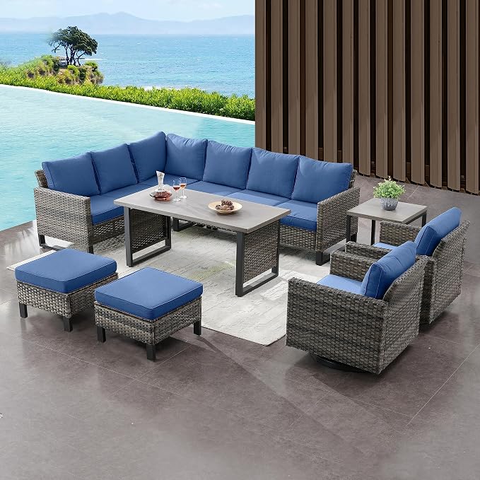 Belord Outdoor Sectional Sofa 6 Seater L Shaped Couch Wicker Patio Conversation Furniture Set Rattan Outdoor Furniture with Removable Washable Cushion Blue