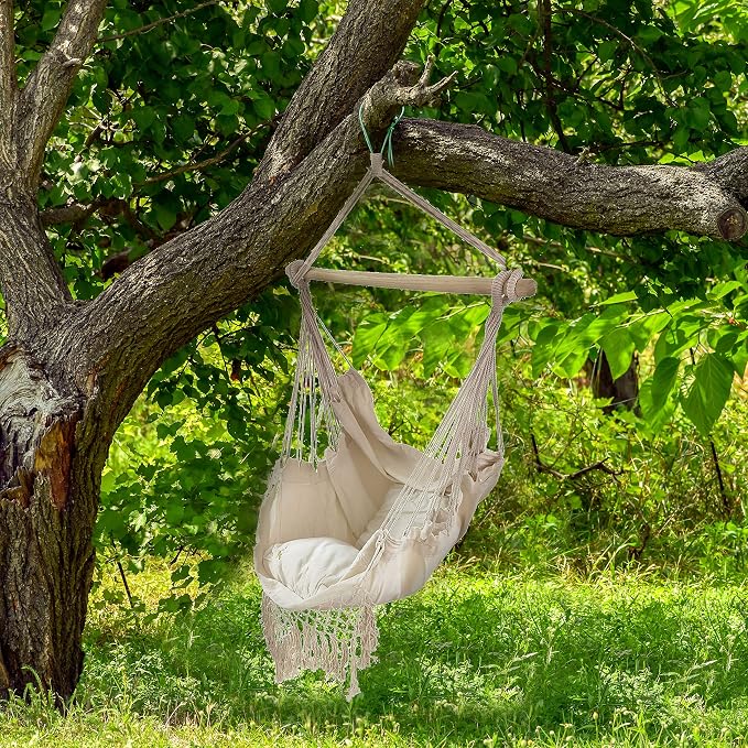 ALEKO Hanging Rope Swing Hammock Chair with Side Pocket and Wooden Spreader Bar, 2 Cushions and Hardware Kits Included, Max 440 Lbs Ivory HC01