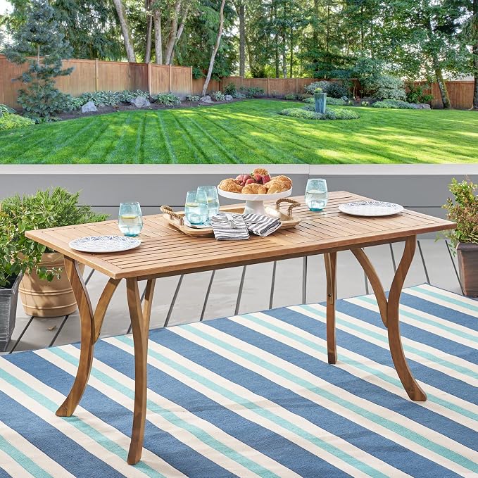 Merax 59" Rectangular Outdoor Dining Table Acacia Wood Patio Table Slat Panels Tabletop, Bear 300LBS, Teak Finish
