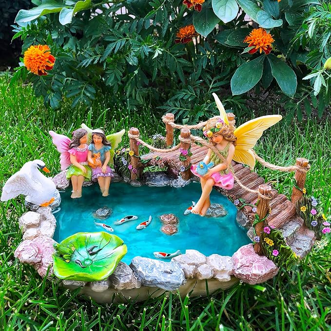 Mood Lab Fairy Garden Figurines - Fish Pond & Bridge - Miniature Decor Set (6 pcs) - Statues & Accessories - Outdoor & Indoor Garden Decor