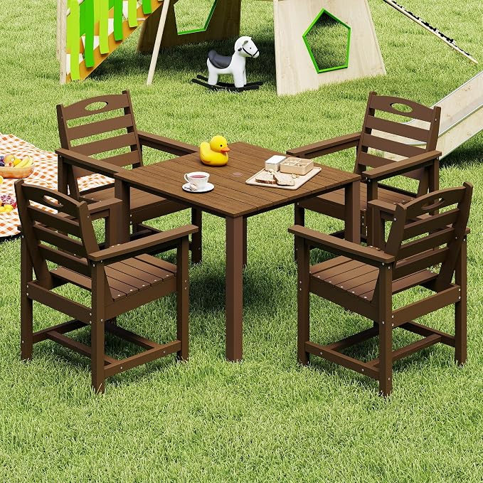 Domi HDPE Outdoor Dining Set, All-Weather Outdoor Dining Table Set of 5 with 2" Umbrella Hole, Outdoor Patio Dining Set for Garden, Poolside, Backyard, Deck, Brown