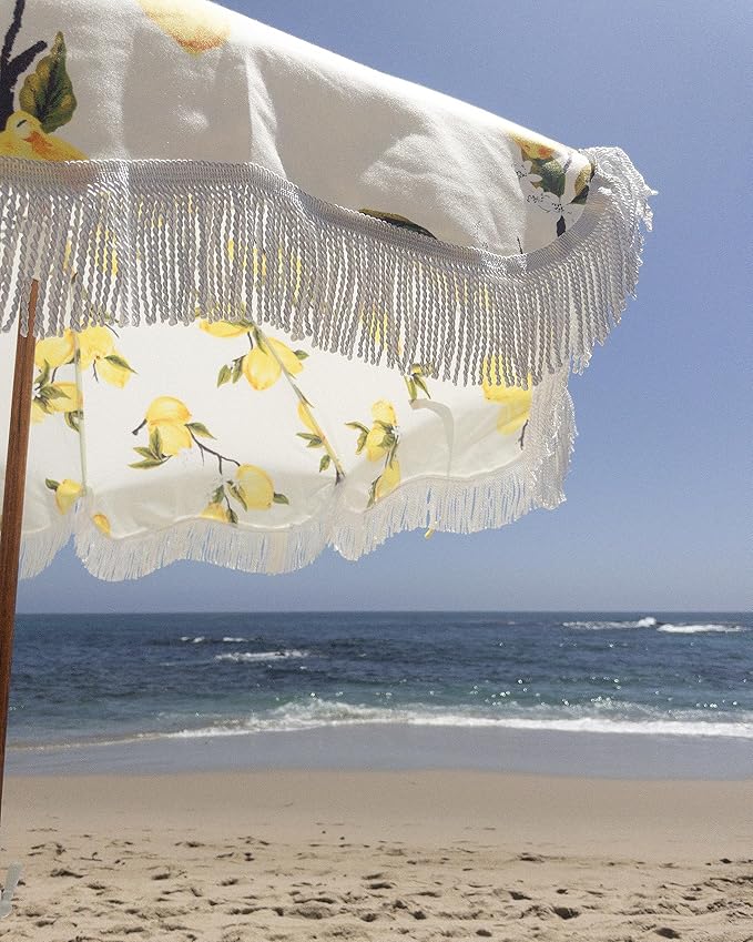 Business & Pleasure Co. Holiday Umbrella - Boho Beach Umbrella with White Fringe, UPF 50+, 1" Tilting Wood Pole, 5’ x 6.5’, Vintage Lemons