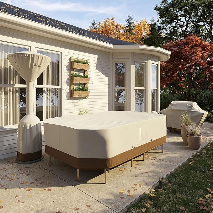 Amazon Basics Patio Furniture Cover, Waterproof, Anti-UV, Wind Resistant, X-Large, Durable, Beige/Tan, 130" x 84"