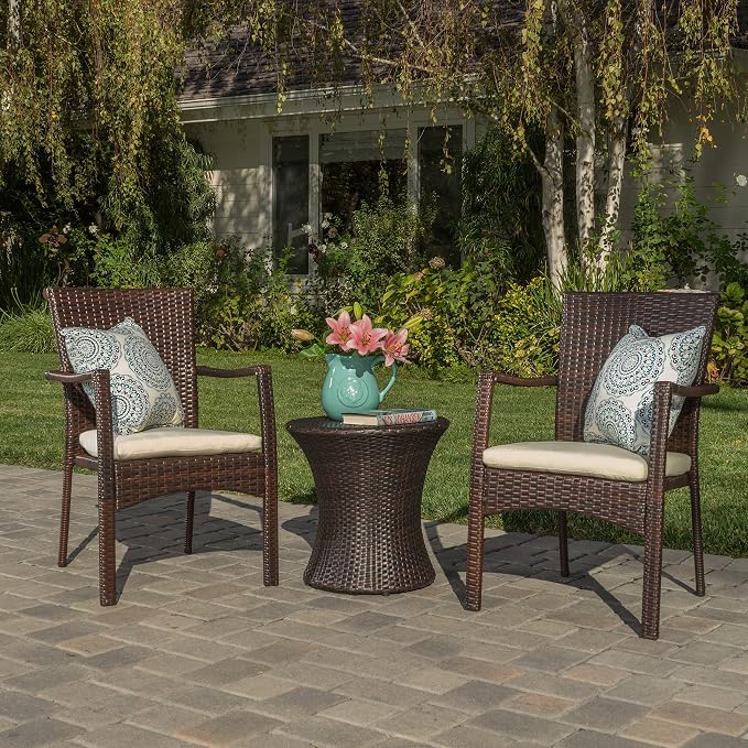 Christopher Knight Home Corsica Outdoor Wicker Chat Set, 3-Pcs Set, Brown / Crème