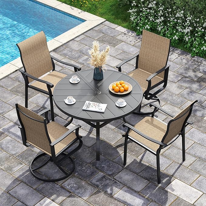 UDPATIO 5 Piece Patio Outdoor Table and Chairs, Patio Dining Set for 4,39" Black Round Table with Umbrella Hole, Brown Patio Chairs, Patio Table with Chairs Outdoor Dining Set for Backyard, Deck