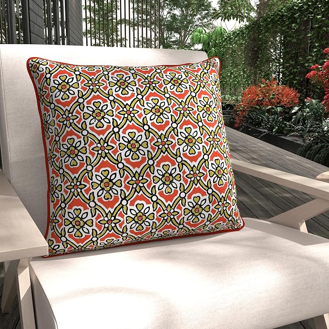 Edie At Home Antique Tile Print Square Decorative Throw Pillow for Patio Furniture, Sofa, Chair, or Bedroom, Reversible, Indoor and Outdoor Collection, 18 x 18 inches, Pumpkin