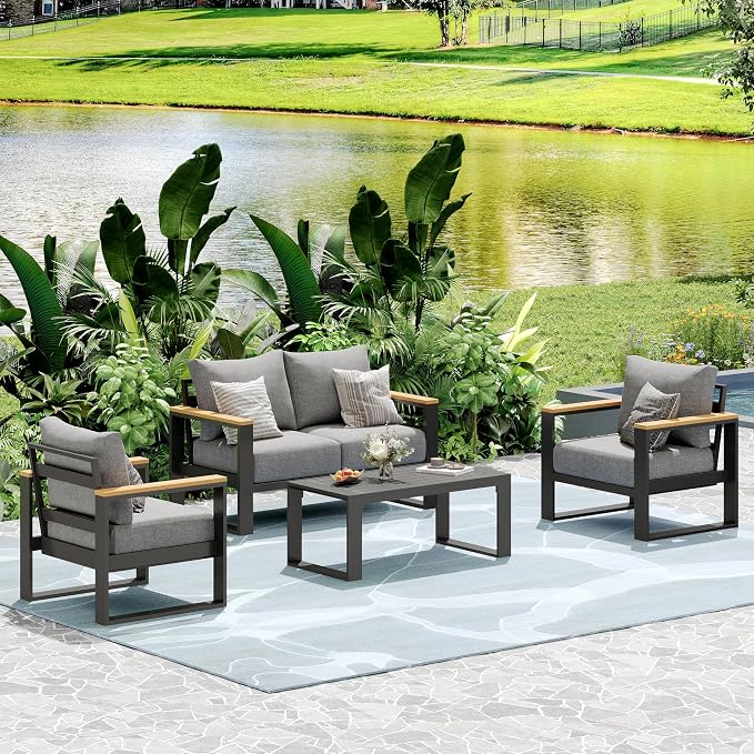 Aluminum Patio Furniture Set, 4 Piece Metal Outdoor Furniture Set with 6″ Thick Washable Cushions & Coffee Table, All Weather Patio Conversation Sets for Yard, Poolside, Garden (Grey)